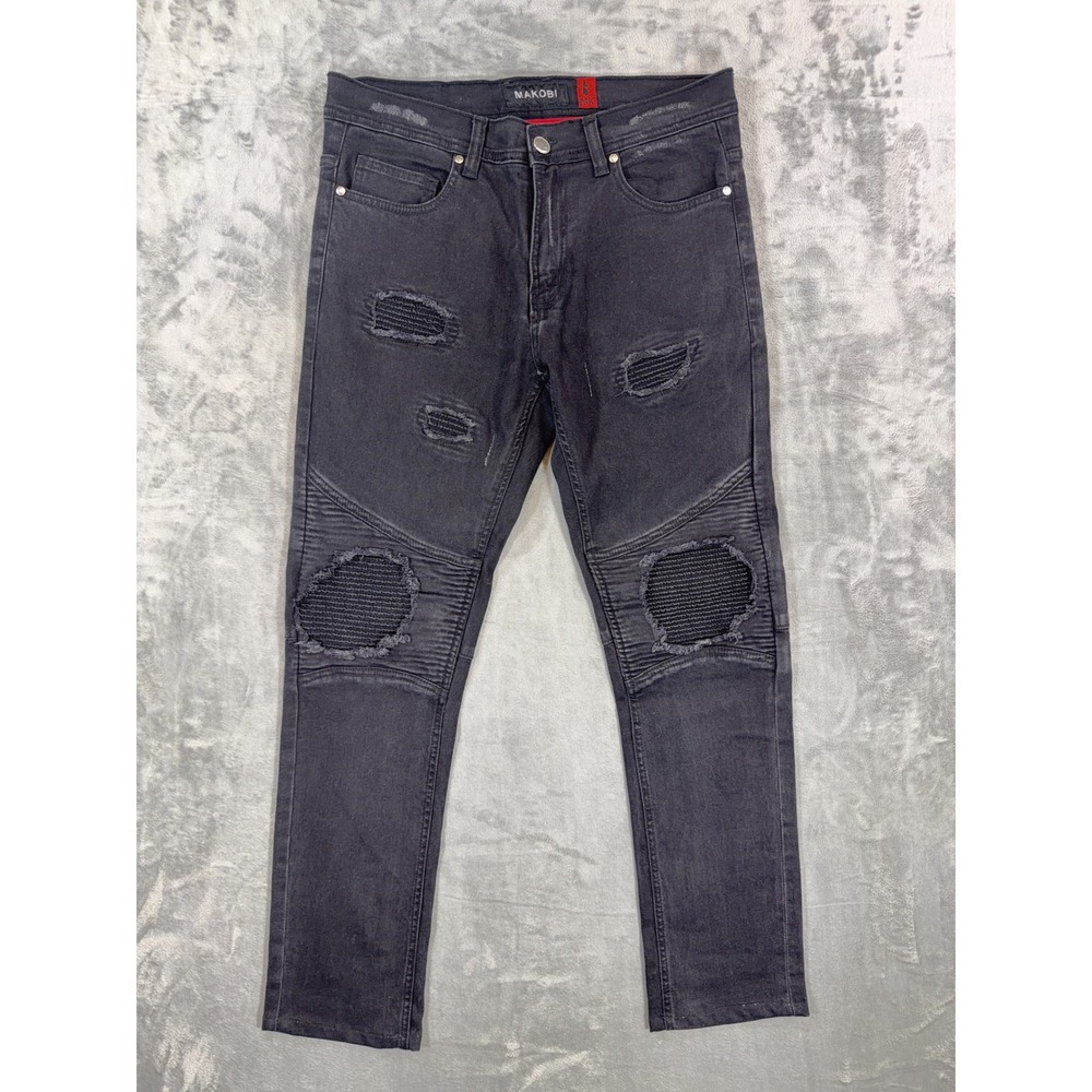 Makobi Moto Biker Slim Fit Jeans Men's Size 34x32 Black Distressed Denim
